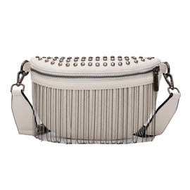 Mily Women Girls Glitter Rhinestone Tassel Crossbody Shoulder Bag Leather Fanny Pack Rivet Chest Fashion Waist, 5942+White (bb-05942-02S)