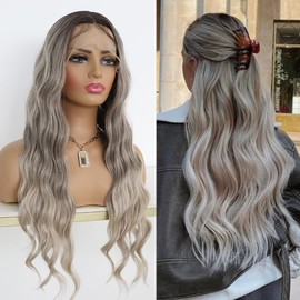 MACA BAKA 3 Tone Ombre Grey 13x4 Lace Front Wig with Baby Hair Glueless Long Wavy Gray Platinum Blonde Synthetic Lace Front Wigs for Women Pre Plucked 150 Density 24 Inches