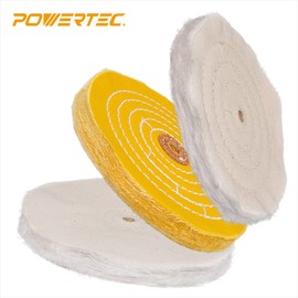 POWERTEC 71631 6 Inch Bench Grinder Buffing Wheel Kit w/ 3pcs Polishing Compound Set Including Black, White, Green Bars and Treated Yellow (40 Ply) Loose Cotton (40 Ply), White Cotton (40 Ply)