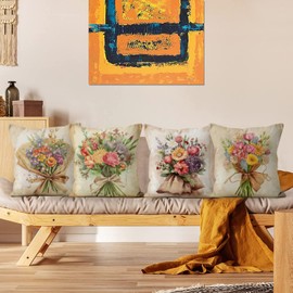ASDCXZ Pillow Cover Retro Flowers 40x40 cm 4er Set, Vintage Flower Leaves Sofa Cushion Covers Cushion Cover Washable Polyester Flax Textile Outdoor Upholstery Pillow Cover Cushion Cover