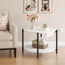 LIKIMIO Round Coffee Table with Charging Station, 2-Tier Wooden Coffee Table with Storage Shelf, Modern Side End Table for Living Room, Bedroom, Office, White
