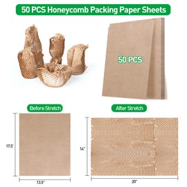 MAXECHO Honeycomb Packing Paper Sheets, 50 Pcs, 13.5" x 17.5" Bubble Cushioning Wrap for Moving Shipping, Products & Gifts Wrapping Essentials, Packaging Supplies, Recyclable Material, Brown