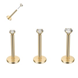 B BodyPJ Sparkles 16G-20G Nose Ring Push-in Threadless Labret Stud Earring with Crystal Zircon, G23 Titanium, 3Pcs (Gold, 16G Bar,CZ-2/2.5/3mm)