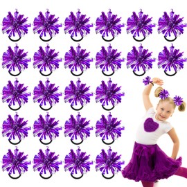 Shappy 24 Pcs 2 Color Metallic Pom Poms for Cheerleading 4 Inch Elastic Cheering Ponytail Holder Cheer Hair Ropes Party Costume Cheer Gifts Bulk for Team Holiday Celebration Volleyball Game (Purple)