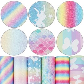 6 Pieces/Set 8x12 Inch (21cm x 30cm) A4 Bundle Leather Sheets Mixed Rainbow Color Series Mermaid Scale Skyhorse Fine Glitter Butterfly Print Pattern Faux Leather Fabric for Bow Earring Making