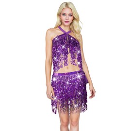 Baisdan 2 Pack Sequin Tassel Skirt for Women Girls - Sparkly Sequin Skirts Festival Outfit, Carnival Costumes (Waist/Bust Under 31.5") Purple
