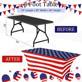 Oudain 2 Pcs 4th of July Stretch Table Cover 6 Feet Red White and Blue Patriotic Spandex Table Clothes American Star Party Decorations for Independence Day Memorial Day Events Party Celebration