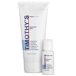 Timothy's Unscented Shave Cream 6 ounce + 1 ounce travel size. Alcohol Free, Paraben Free, Fragrance Free, SLS Free, Slick and Moisturizing, Dermatology approved for Sensitive Skin