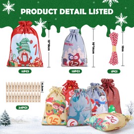 Advent Calendar for Filling, 24 Advent Calendars, Self-Fill Children's Fabric, Large Advent Calendar Craft Bags, Advent Calendar Bags, DIY Christmas Calendar Hanging for Self-Filling Children