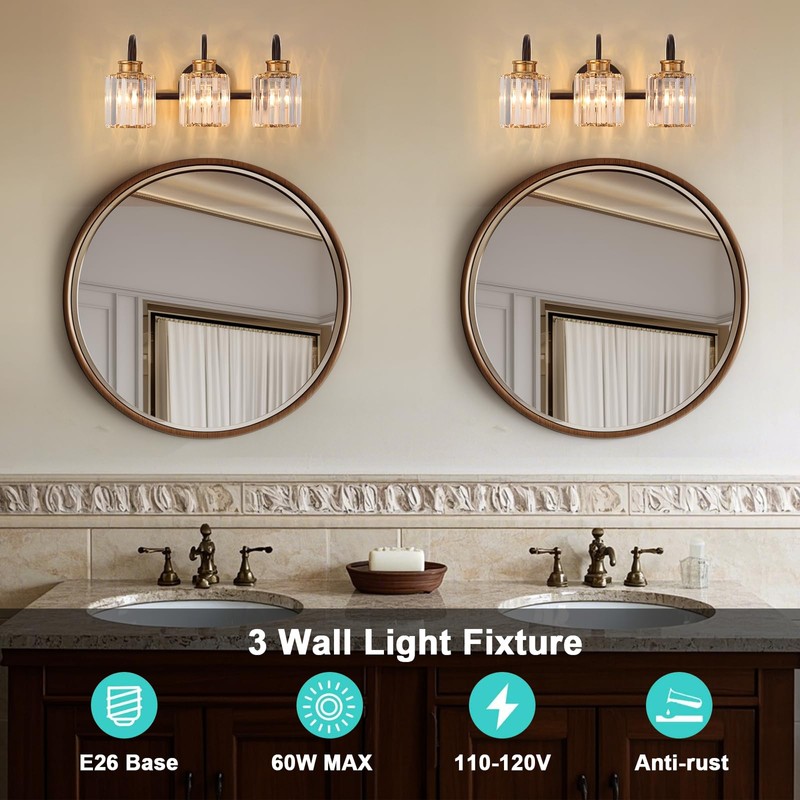 ALAISLYC ORB Bathroom Light Fixtures with K9 Crystal Lampshade Bathroom