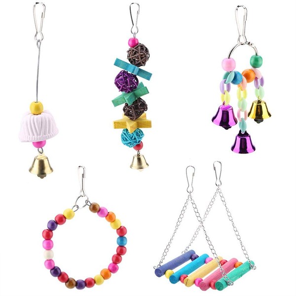 Pssopp 5 Pieces Bird Toy Colourful Wooden Parrot Toy Wooden