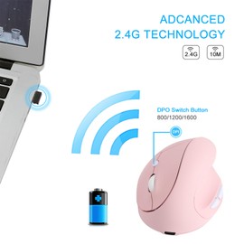 Sunffice Ergonomic Mouse, 2.4G Wireless Vertical Optical Mouse, Ergo Mouse High Precision Optical Mice with Adjustable DPI 800/1200/1600DPI for Laptop, Desktop, PC, MacBook(Rechargeable Pink)