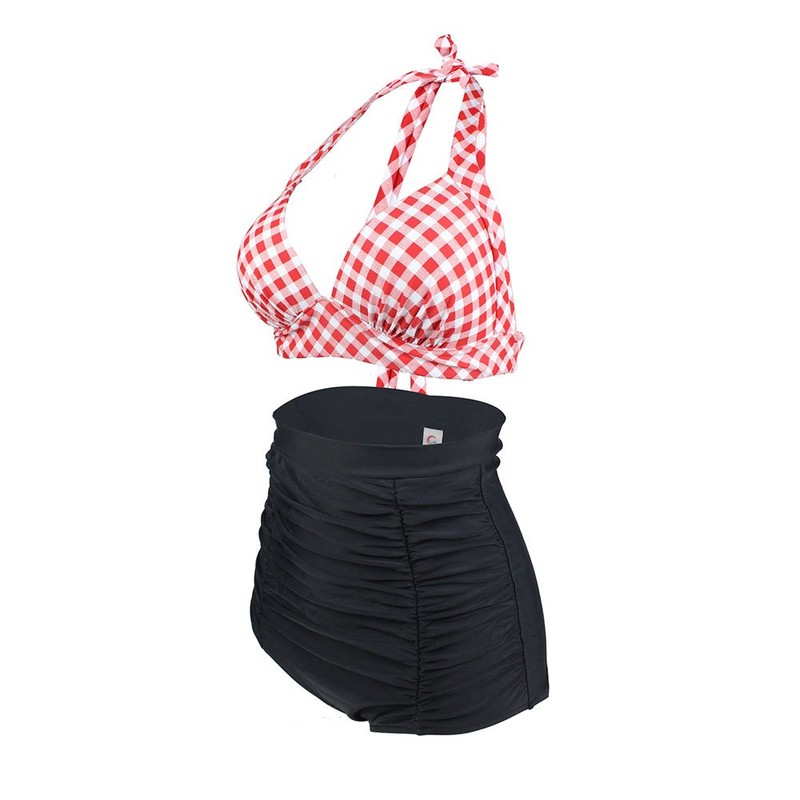 Bslingerie® Women's Retro Half Swimwear Bikini Set - chequered red,