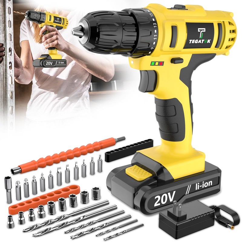 Tegatok Cordless Drill Set, 3/8 Drill Handheld Screwdriver Kit with