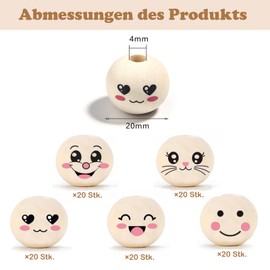 EUDUQ Pack of 100 Wooden Beads with Face, 20 mm Wooden Balls with Face, Smiling Face Wooden Beads with Hole, Natural Wooden Heads for Worry Worms, DIY Crafts, 5 Styles