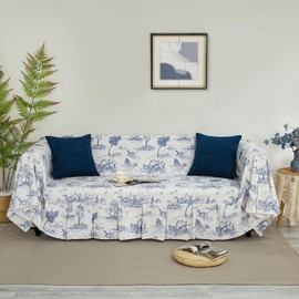 Sofa Cover Classic French Village Printed Linen Soft Decorative Ruffle Trim,Toile Blue Retro Farmhouse Vintage Sofa Slipcover Couch Cover Furniture Protector for 2-3 Cushion Sofa Blue 71x118 Inch