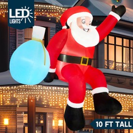 JOIEDOMI 10 FT Christmas Inflatables Santa with Gift Bags Outdoor Decorations, Blow Up Giant Santa Sitting on The Roof with Build-in Color Changing LEDs for Xmas Party Decor Yard Garden Holiday Decor