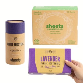 Sheets Laundry Club - Kit de lavandería todo en uno. - Ligero y libre de desorden - Disfruta de 50 sábanas de lino fresco de disolución rápida, tubo de refuerzo de aroma de lavanda de 1 a 8 onzas, 40 hojas de secadora de lavanda a base de plantas
