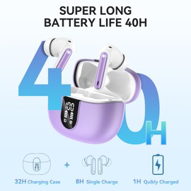 MoBadeety Wireless Earbuds, Bluetooth 5.3 Headphones 40Hrs Playtime Deep Bass Stereo, LED Power Display, Call Noise Canceling Headphones with Mic, IP7 Waterproof Earphones for iOS Android Purple