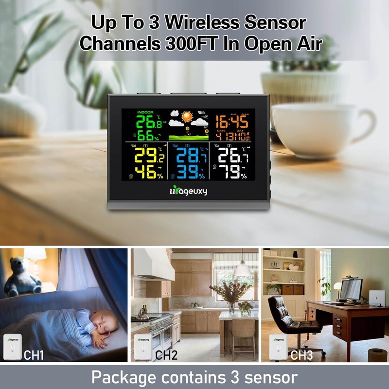 Urageuxy Multiple Sensor Weather Station Wireless Indoor Outdoor Thermometer Hygrometer