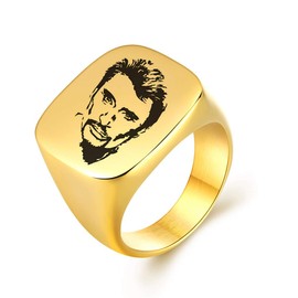 AFSTALR Men's Signet Ring Johnny Hallyday Stainless Steel Signet Ring with Signature Johnny the Boss Rock, Gold Plated