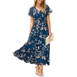 Simplee Womens Floral Maxi Dress - Short Sleeve Summer Boho Wedding Guest Dress Empire Waist Chiffon Modest Midi Dresses Blue,L
