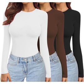 Ekouaer Womens 3 Pack Long Sleeve Shirts Crew Neck Stretch Fitted Underscrubs Trendy Basic Tops Lightweight Thermal Tee Black/White/Coffee XL