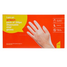 Amtech - Disposable Vinyl Gloves for Cleaning, Handling Food, Working, and More, Home DIY, Durable and Tear Resistant, Powder-Free and Skin Friendly, Non-Sterile (100) (L)