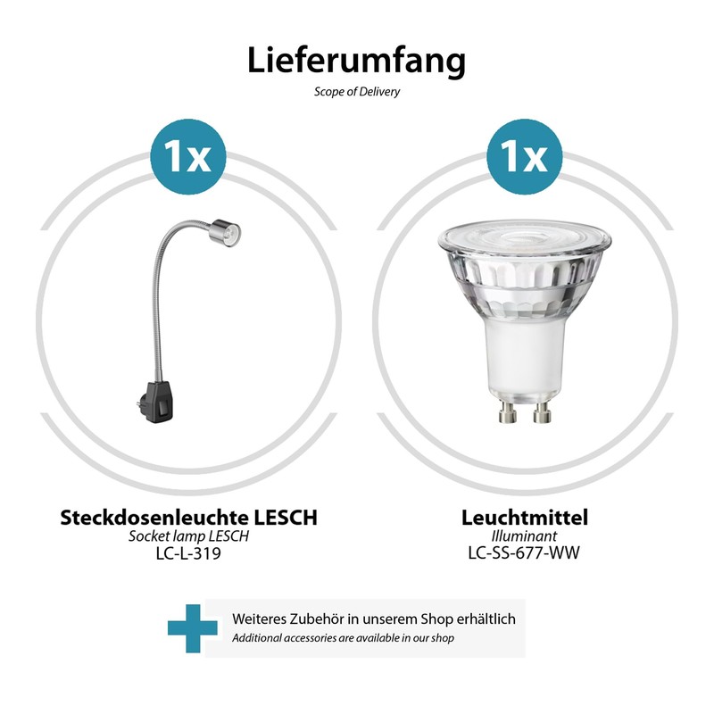 ledscom.de LESCH Socket Lamp Gooseneck Reading Lamp Chrome / Black