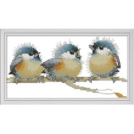 Gofission 14ct Stamped Cross Stitch Kits for Adults Beginners, Three Birds DIY Pre Printed Cross Stitch Embroidery Set with Accessories Wall Decor 25x14cm (Birds)