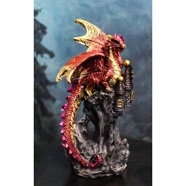Metallic Crimson Red Dragon Guarding Castle Tower On Mountain Cliff Figurine