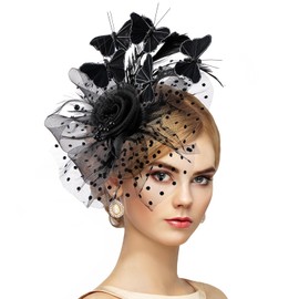 Zinniday Black Butterfly Derby Hat - 2025 Classic Victoria Tea Party Hats with Hair Clip, 1920s 50s Flower Feather Fascinators for Lady Woman Girl Attire Church Funeral Party Dress Up