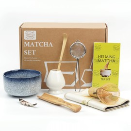 HEI MING Matcha Tea Set has 8 Pieces, Ceremonial Matcha Set, Grey Blue Ceramic Matcha Bowl and Handmade Matcha Whisk