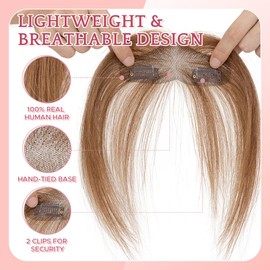 SEGO Pro Clip in Fringe Remy Human Hair Hand-Tied Seamless Clip on Bangs for Women with Temples Hairpieces, 9g/0.32oz, Curtain Fringe (Light Brown)