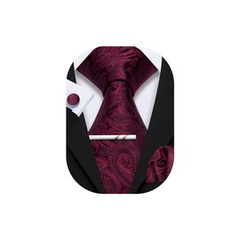 YOHOWA Burgundy Tie for Men with Tie Clip Paisley Silk Necktie Pocket Square Cufflinks Set Formal Business Wedding Party