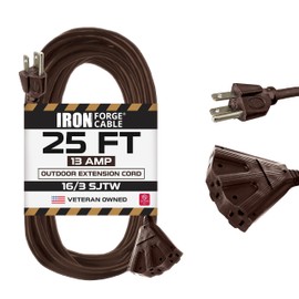 Iron Forge Cable 25 Ft Brown Extension Cord with 3 Electrical Power Outlet, 16/3 SJTW Heavy Duty Cable with 3 Prong Grounded Plug, Weatherproof Outdoor Extension Cord with Multiple Outlets, 13 AMP