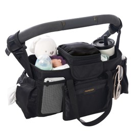 Momcozy Extra Large Stroller Organizer | with Food Grade Pacifier Teether Bag | 2 Insulated Cup Holder | Silicone Anti-Slip Straps | 3-Way Usage | Detachable Small Pouch | Fit for UPPAbaby/Doona