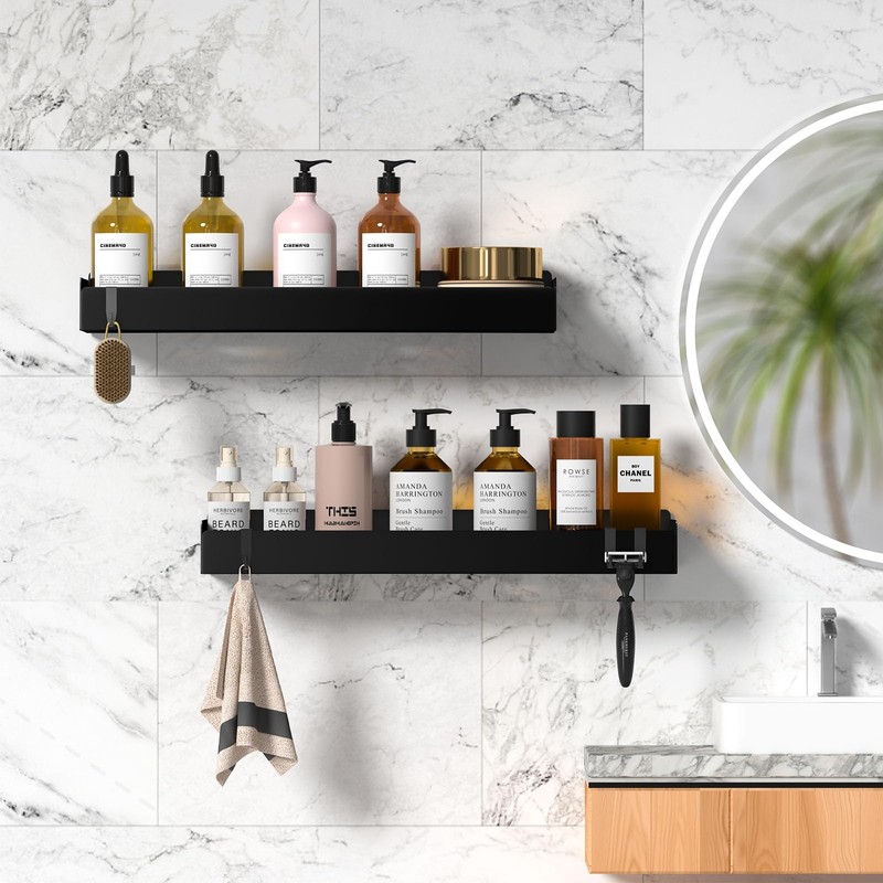 Wisfame Shower Caddy Black,40cm Adhesive Shower Shelve with Large Capacity,