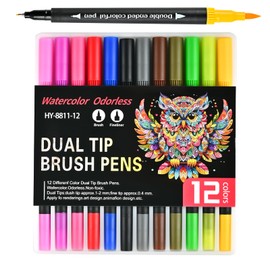 WELLFAR Dual Tip Brush Markers for Adult Coloring Books No Bleeding – Fine & Brush Pens for Drawing, Lettering, Bullet Journaling – Non Bleed Art Marker Set for Adults & Kids. 12 Colors