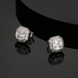 KRKC&CO S925 Silver Earrings, Men's Iced Out Square Earrings, 14K Gold/White Gold-Plated Stud Earrings with White Zirconia Stones, Allergy-Free Earrings, Gift for Men, Women, Boys, Sterling Silver,