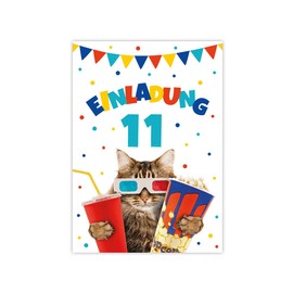 12 Invitation Cards with 12 Envelopes for 11th Children's Birthday Cinema Girls Boys Cinema Party Cat Cool Invitations Eleventh Birthday Girl Birthday Boy Birthday