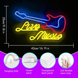 YUEYYNS Guitar Neon Signs for Wall Decor, Live Music Neon Lights for Bedroom, Guitar Led Light Up Sign USB Powered Led Neon Signs For Music Bar,Live Music,Music Studio Party Decoration
