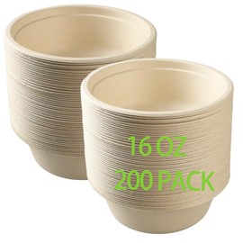emlifepak Paper Bowls, 16 oz, 200 Count, Biodegradable Sugarcane, Hot and Cold Use, Natural