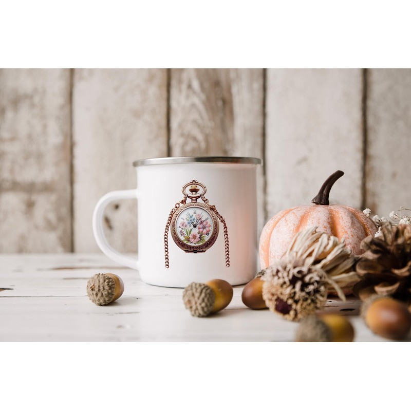 MAXIKIWI Langlebige Emaille-Kaffee- oder Tee-Camping-Tasse für drinnen und draußen, Vintage-Taschenuhr,