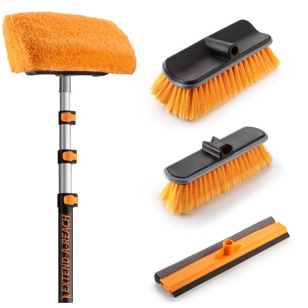 36 Foot Exterior House Cleaning Brush Set with 7-30 ft Extension Pole // Vinyl Siding Brushes with Telescopic Extendable Pole & Window Cleaning Squeegee Tool // The Ultimate Extension Scrub Brush Set