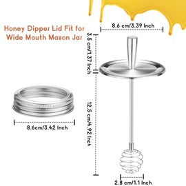 Aramola 1 PCS Mason Jar Lid with Honey Dipper, Stainless Steel Honey Stirrers Lid, Wide Mouth Canning Lid and hoop