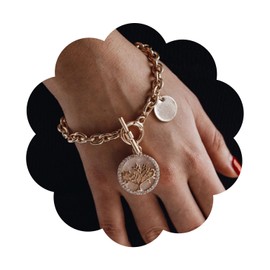 Zeshimb Chunky Chain Bracelet Gold Link Chain Toggle Bracelet Rhinestone Disc Charm OT Clasp Bracelet Vintage Coin Pendant Toggle Clasp Bracelet Jewelry for Women (Gold Tree)