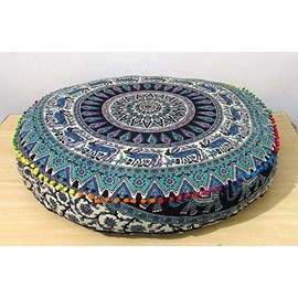 ICC Large Hippie Mandala Round Floor Pillow Cover Ottoman Pouf Cover Daybed Oversized Cotton Cushion Cover with Heavy Duty Zipper Seating Ottoman Poufs Dog-Pets Bed (Green Deer, 35" Round)