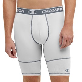 Champion Men's, Compression Shorts with Total Support Pouch, Moisture Wicking, 6" & 9", White/Stormy Night C Logo, X-Large