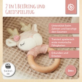 Bieco Baby Ring Rattle | Deer Diameter 10 cm | Length 17 cm | Rattle Toy with Wooden Ring | Sensory Toy | Baby Toy 0-6 Months | Fabric Rattle |